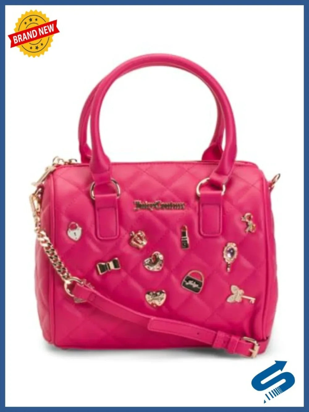 Quilted Satchel Handbag with Charm Detail Convertible Crossbody Faux Leather